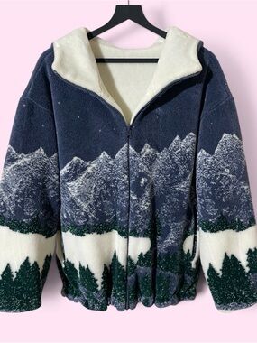 Denali Men's Hooded Puffer Jacket with Mountain Print - Navy & Green